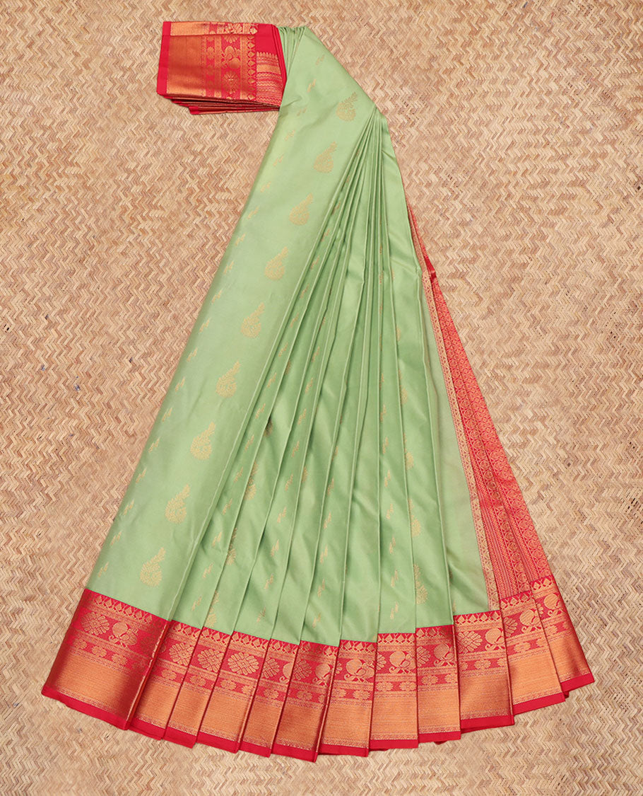 Green Budget Silk Saree Enthralled with Zari Buttas, a Contrast Traditional Zari Border, Intricate Pallu, and a Contrast Blouse
