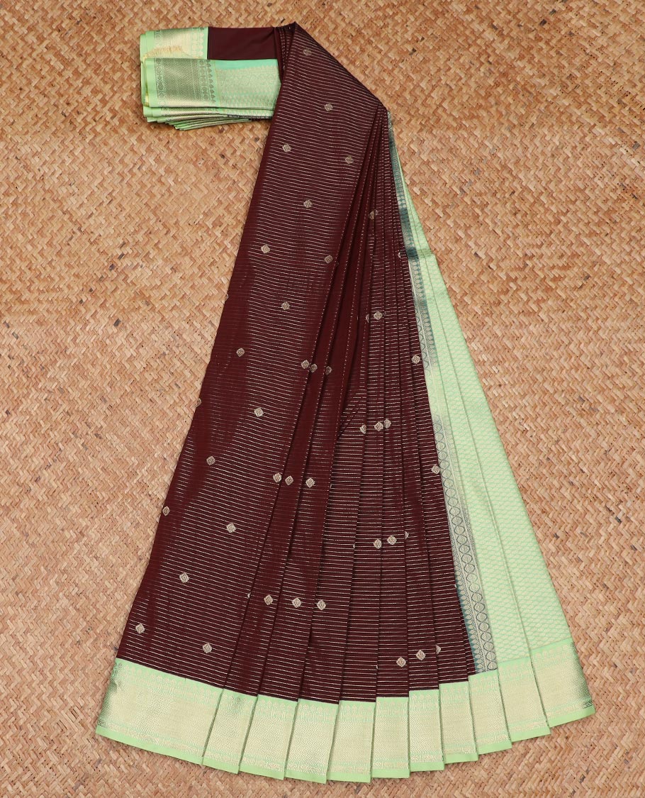 Brown zari buttas, and stripes gift saree, contrast traditional zari design border, and jaal pallu