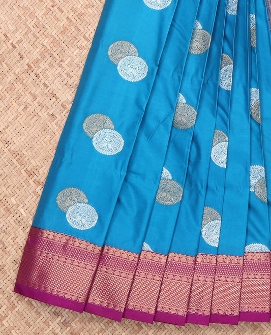 Blue Round Peacock Butta Budget Silk Saree