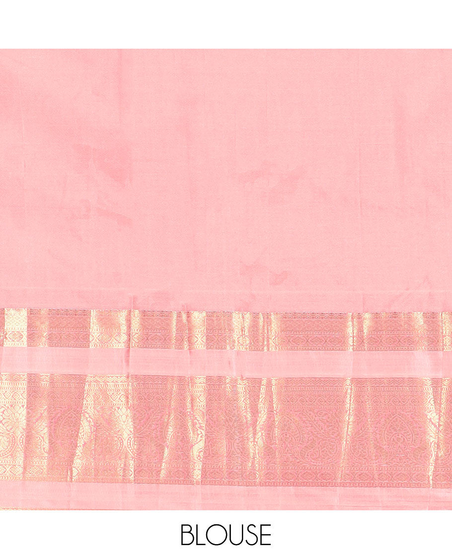 Orange floral zari buttas budget silk saree, contrast traditional zari design border, and jaal pallu