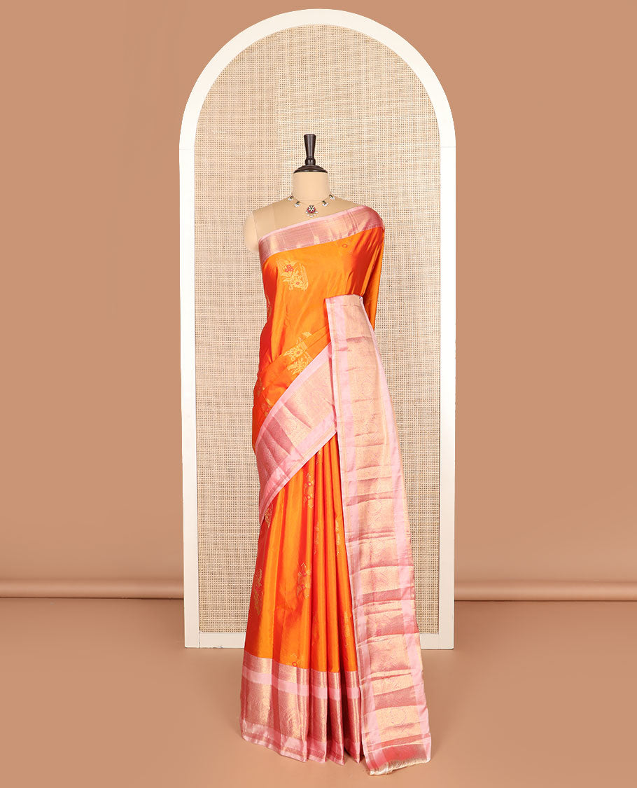 Orange floral zari buttas budget silk saree, contrast traditional zari design border, and jaal pallu