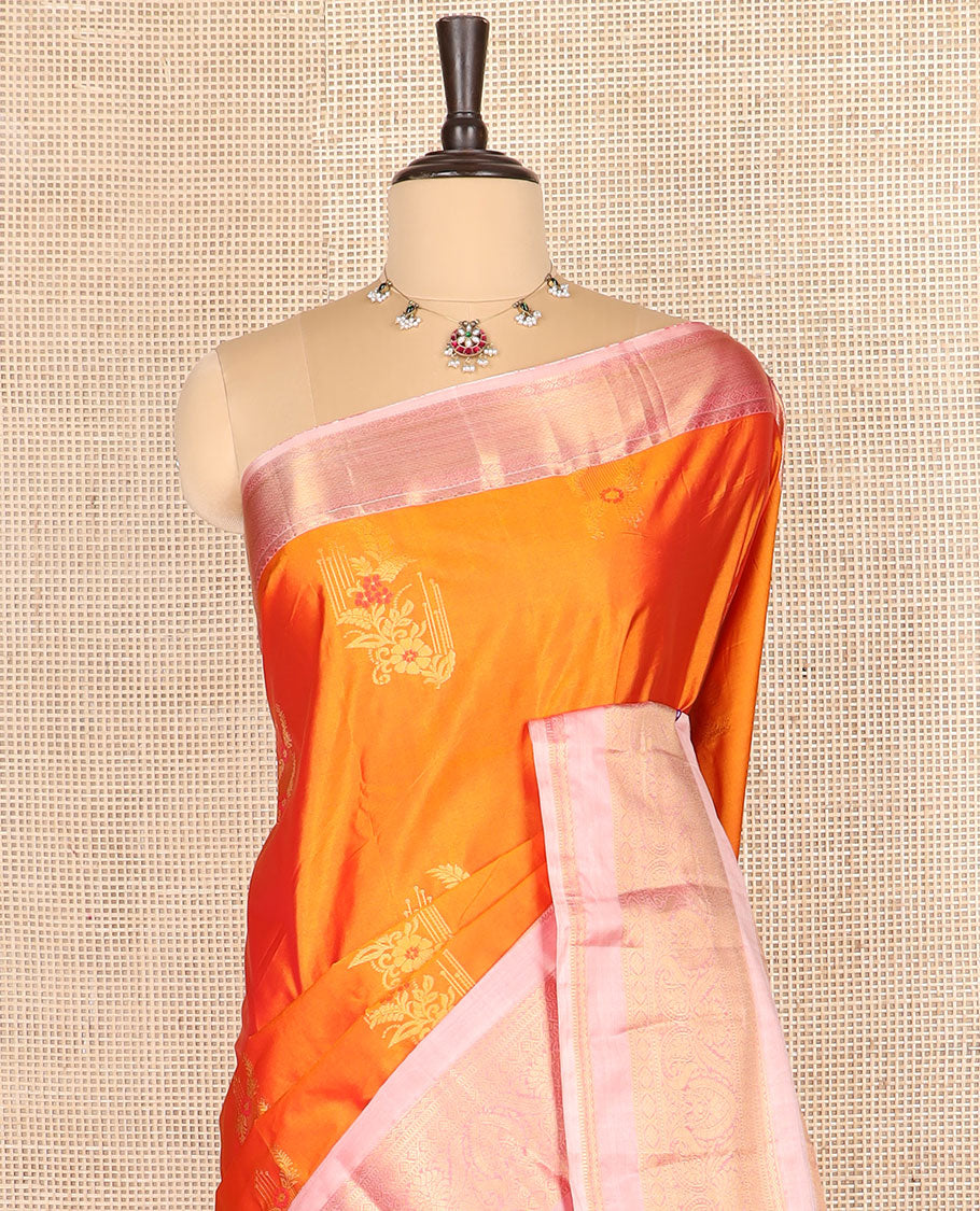 Orange floral zari buttas budget silk saree, contrast traditional zari design border, and jaal pallu