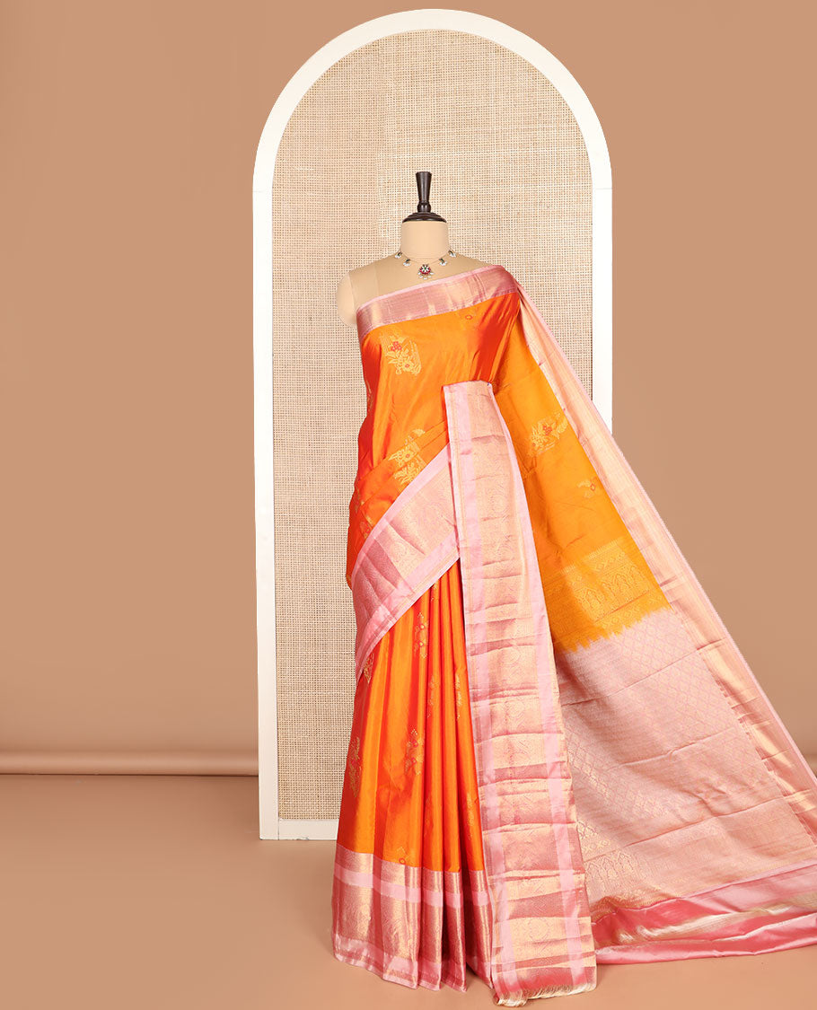 Orange floral zari buttas budget silk saree, contrast traditional zari design border, and jaal pallu
