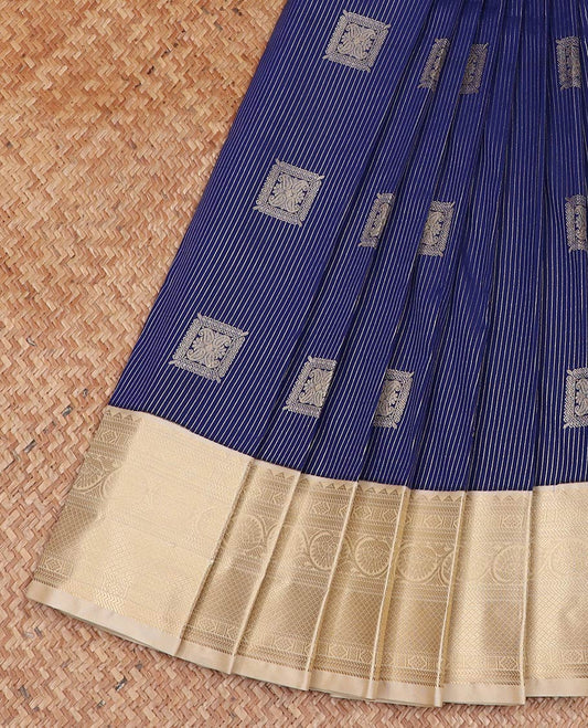 Blue stripes and square buttas gift saree, contrast traditional zari design rettai pettu border, and jaal pallu