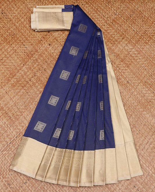 Blue stripes and square buttas gift saree, contrast traditional zari design rettai pettu border, and jaal pallu