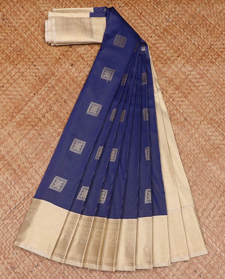 Blue stripes and square buttas gift saree, contrast traditional zari design rettai pettu border, and jaal pallu