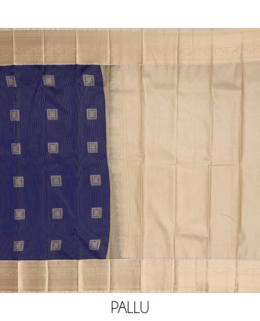 Blue stripes and square buttas gift saree, contrast traditional zari design rettai pettu border, and jaal pallu