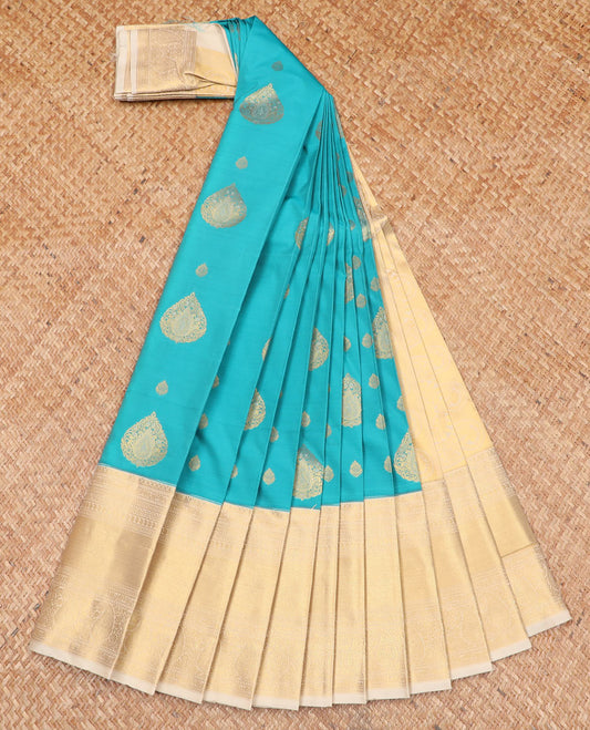 Blue zari buttas budget silk saree, contrast zari border steeped with traditional designs, and intricate pallu