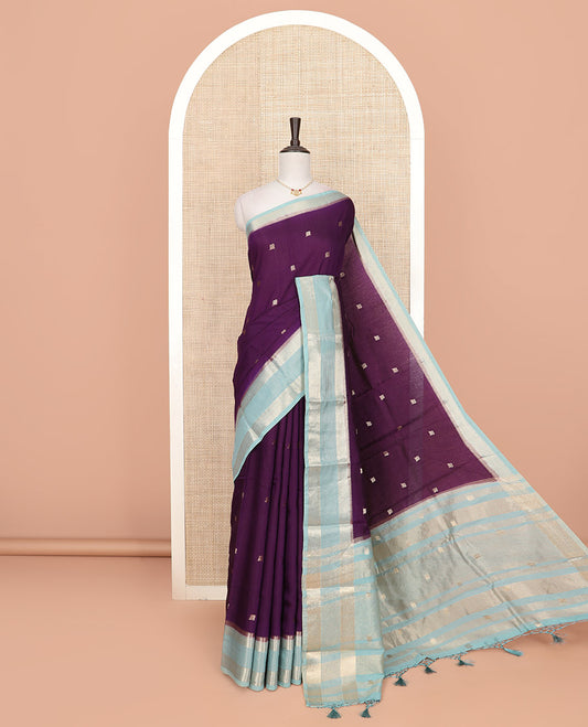 Purple peacock buttas Assam silk saree, contrast traditional zari border, and pallu of zari designs