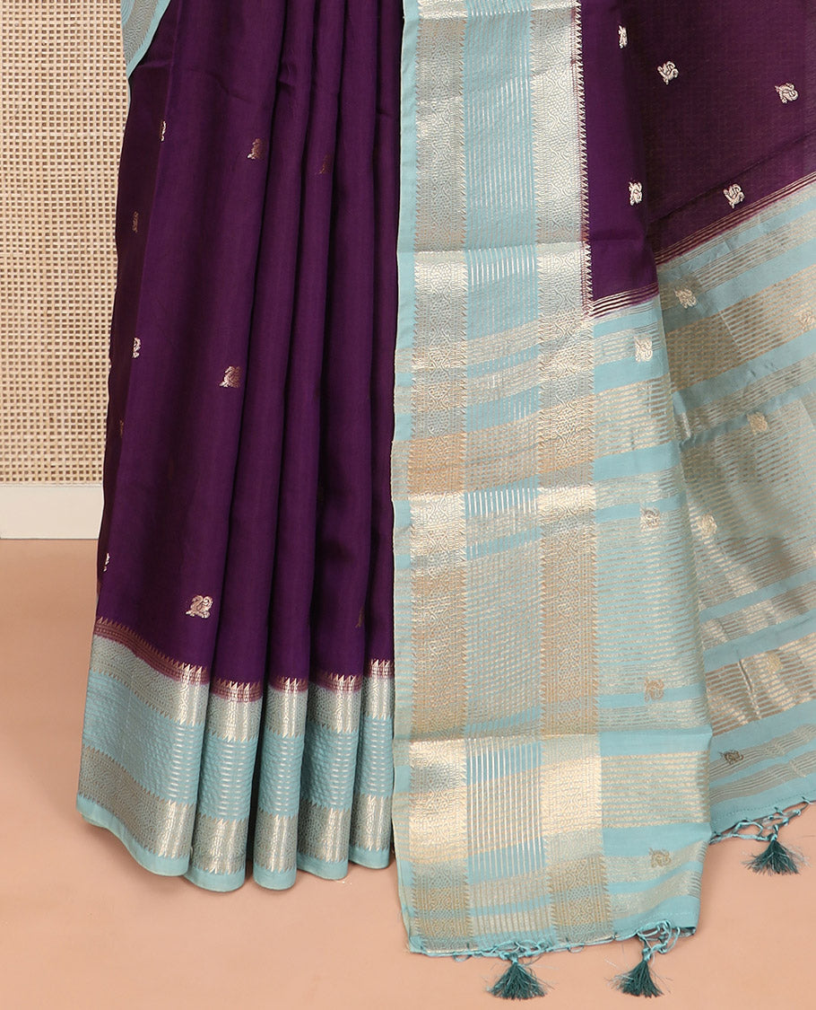 Purple peacock buttas Assam silk saree, contrast traditional zari border, and pallu of zari designs