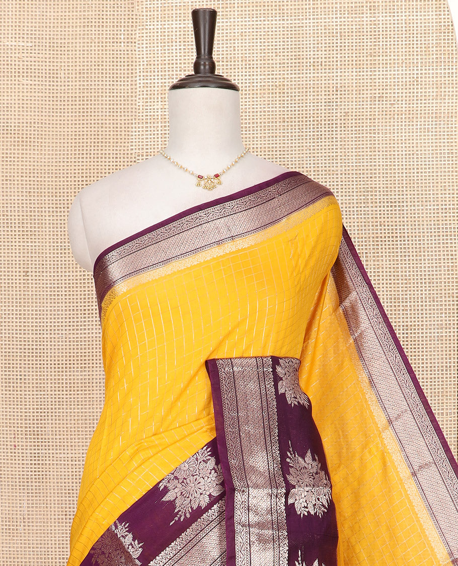 Yellow Assam Silk Saree Sparsely Sparkled with Zari Checks, Complemented by Contrast Traditional Zari Border of Floral Designs, a Captivating Pallu of Zari Stripes, and Paired with a Contrast Blouse