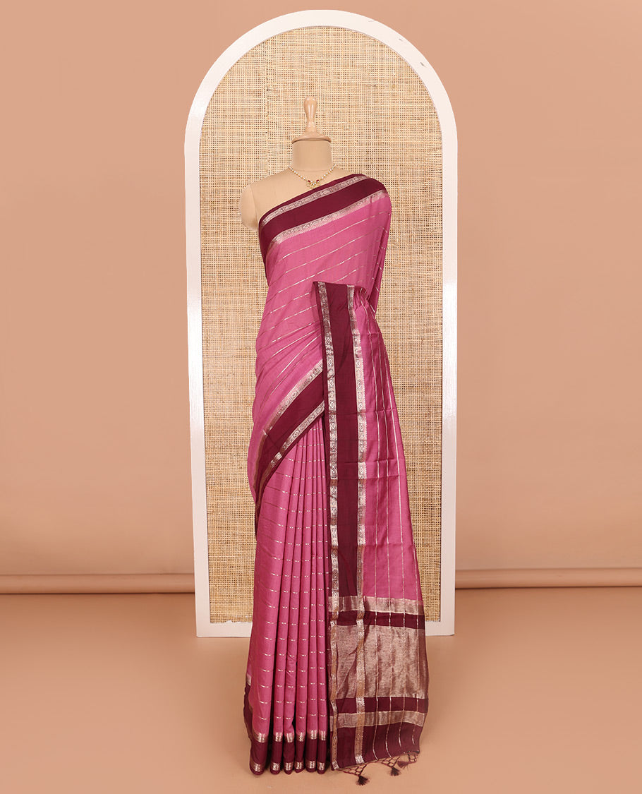 Pink Assam Silk Saree Embellished with Zari Stripes, Complemented with a Contrast Traditional Design Border, Zari-Elevated Pallu, and Paired with a Contrast Blouse
