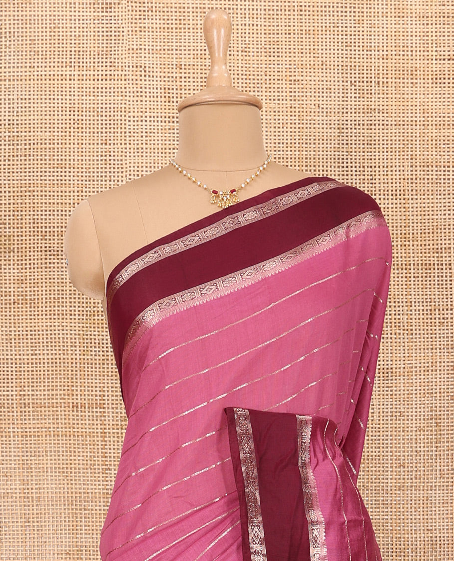 Pink Assam Silk Saree Embellished with Zari Stripes, Complemented with a Contrast Traditional Design Border, Zari-Elevated Pallu, and Paired with a Contrast Blouse