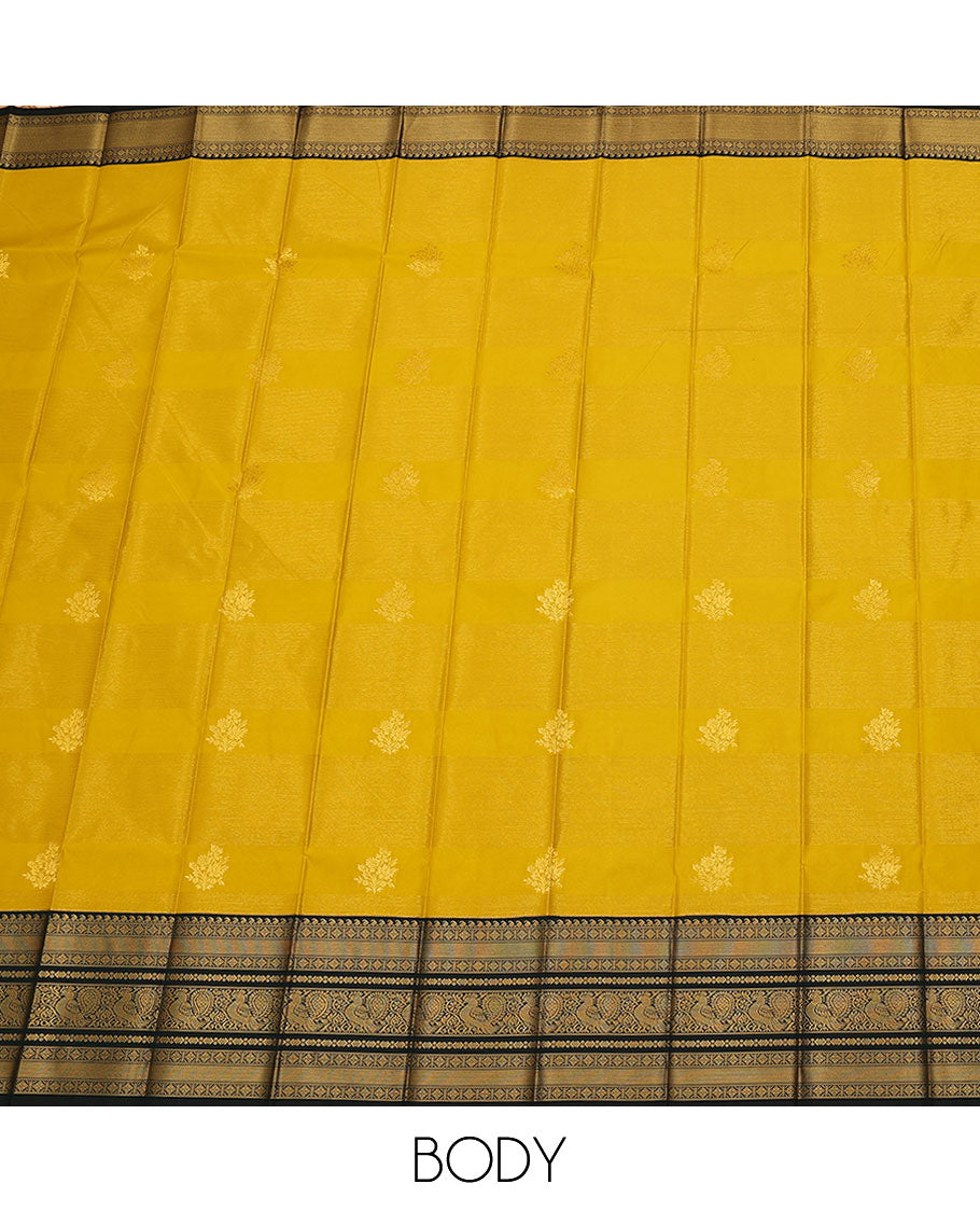 Mustard zari buttas and stripes budget silk saree, contrast traditional zari design border, and jaal pallu