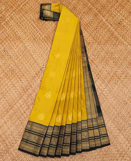 Mustard zari buttas and stripes budget silk saree, contrast traditional zari design border, and jaal pallu