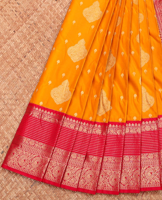 Orange Budget Silk Saree, Embellished with Zari Buttas, Complemented by a Contrast Traditional Zari Border, Grand Pallu, and Contrast Blouse