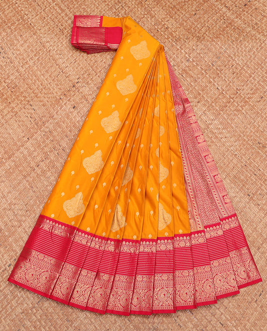Orange Budget Silk Saree, Embellished with Zari Buttas, Complemented by a Contrast Traditional Zari Border, Grand Pallu, and Contrast Blouse