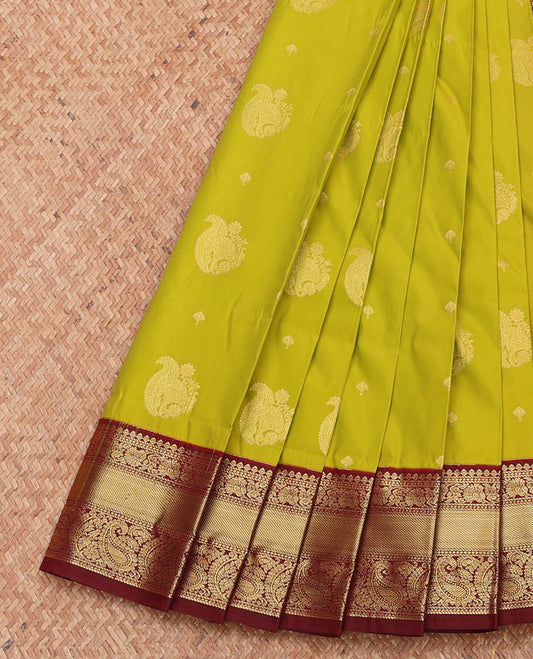 Parrot Green Budget Silk Saree, Bedecked with Zari Buttas, Complemented by a Contrast Traditional Zari Design Border, Grand Pallu, and a Contrast Blouse