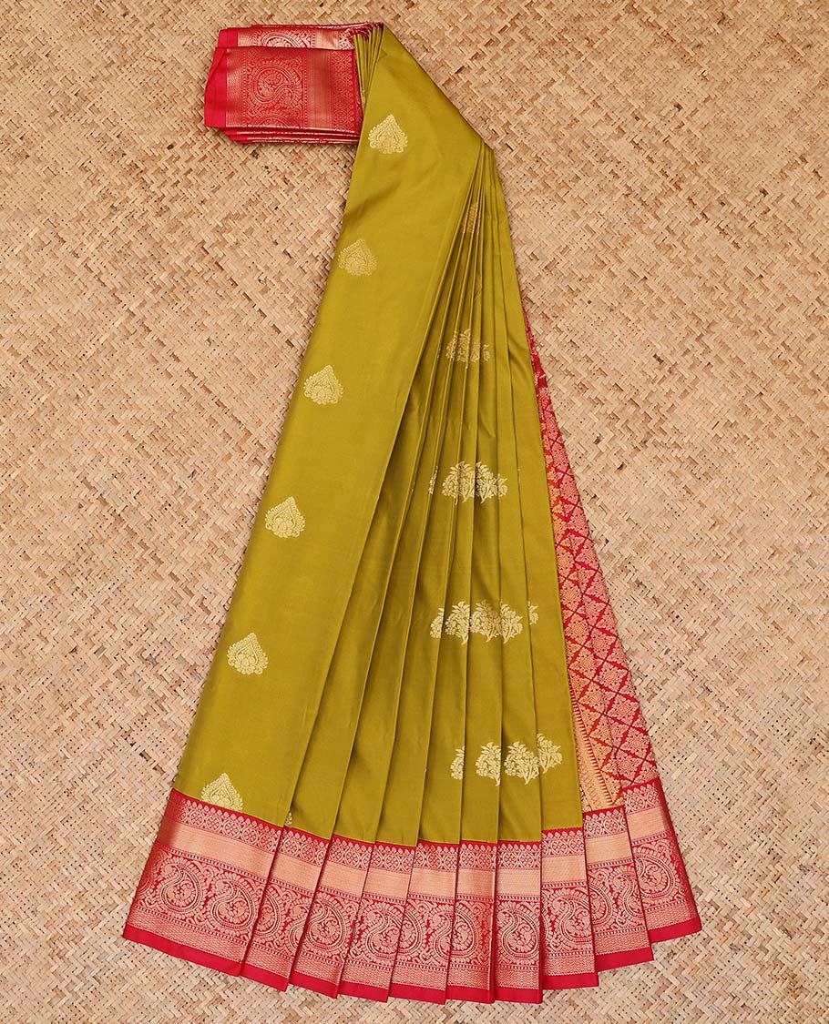 Green zari buttas gift saree, contrast traditional zari design border, and jaal pallu