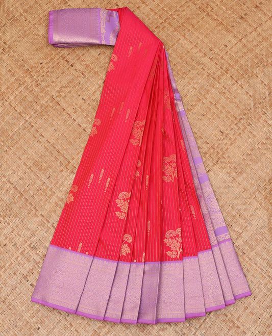 Red striped and floral motifs budget silk saree, contrast traditional zari design border, and intricate pallu