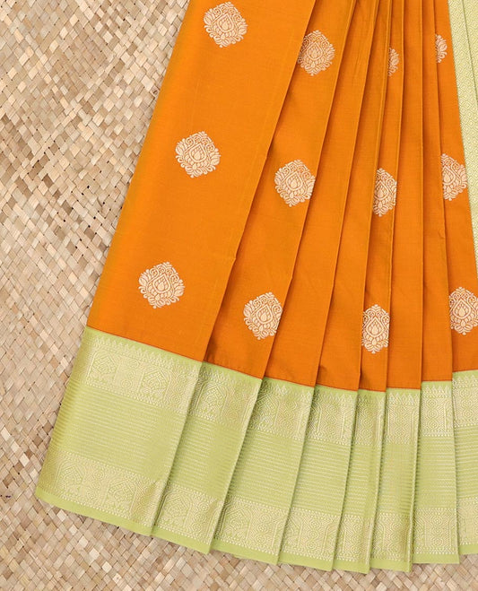 Orange zari buttas and wedding-theme motifs zari woven budget silk saree, contrast traditional zari design border, and intricate pallu