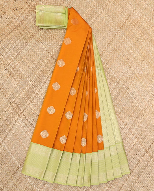 Orange zari buttas and wedding-theme motifs zari woven budget silk saree, contrast traditional zari design border, and intricate pallu