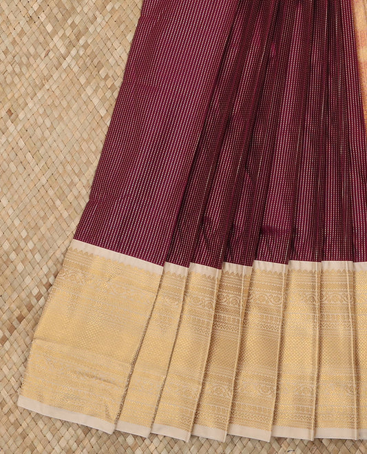 Maroon Budget Silk Saree Elevated with Dotted Zari Stripes, Complemented with a Contrast Traditional Zari Design Border, Diagonal Striped Pallu, and Paired with a Contrast Blouse