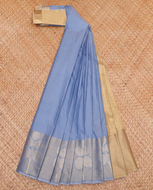 Grey Embossed Budget Silk Saree, Subtly Woven with Traditional Zari Border of Floral Motifs, Contrast Grand Jaal Pallu and Paired with a Contrast Blouse