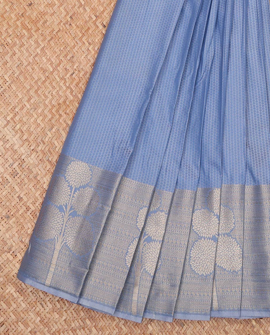 Grey Embossed Budget Silk Saree, Subtly Woven with Traditional Zari Border of Floral Motifs, Contrast Grand Jaal Pallu and Paired with a Contrast Blouse