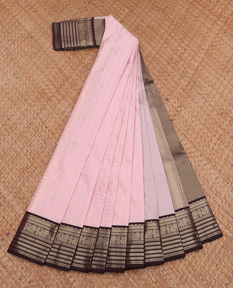 Baby Pink Budget Silk Saree, Beautified with Zari Buttas and Checks, Complemented by Contrast Traditional Zari Border, Jaal Pallu, and a Contrast Blouse