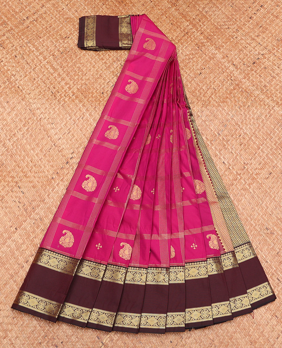 Pink Budget Silk Saree, Beautified with Zari Butta Enclosed Checks, Complemented by a Contrast Traditional Zari Rettai Pettu Border, Grand Pallu, and a Contrast Blouse