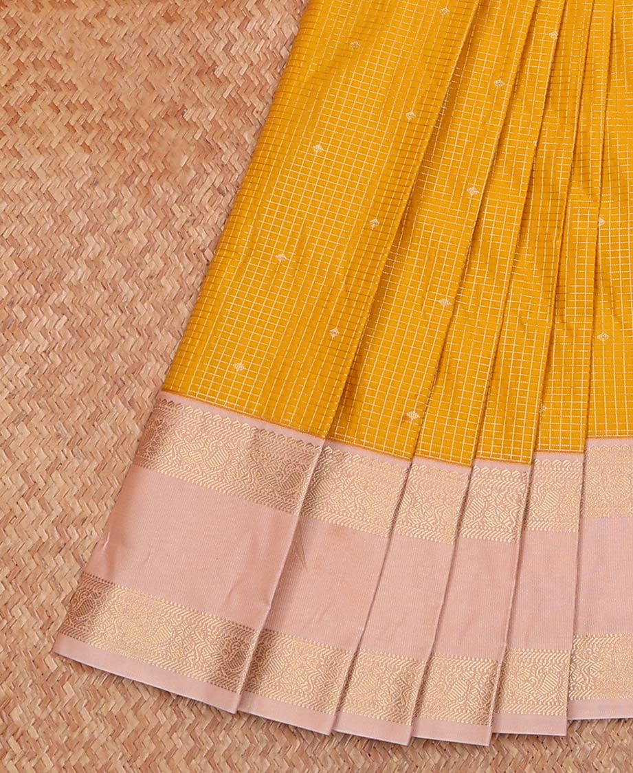 Yellow Budget Silk Saree Enlivened with Micro-Zari Checks, Complemented by a Contrast Traditional Zari Design Rettai Pettu Border, Pallu of Zari Designs, and Paired with a Contrast Blouse