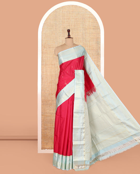 Red Budget Silk Saree, Embellished with Zari Buttas on Its Body, Complemented by a Contrast Traditional Zari Design Border, Grand Jaal Pallu, and Paired with a Contrast Blouse