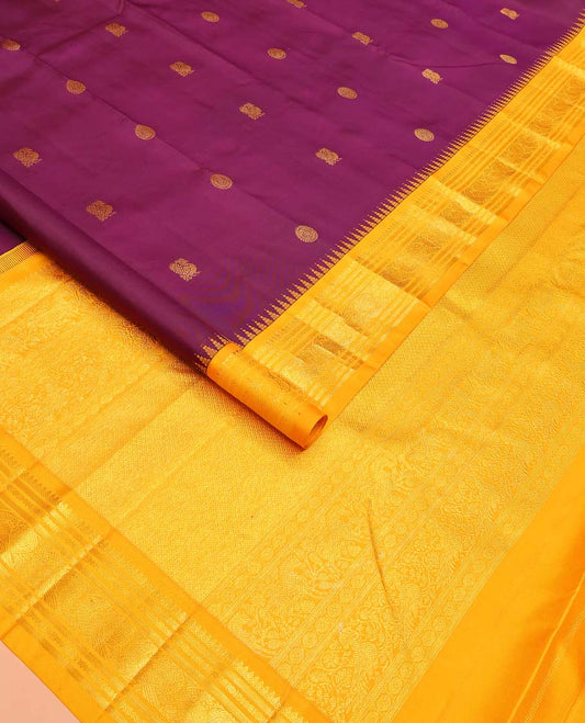 Purple peacock chakram buttas Bangalore silk saree, contrast temple traditional zari border, and pallu of traditional designs