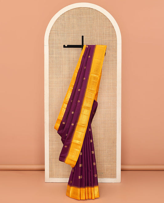 Purple peacock chakram buttas Bangalore silk saree, contrast temple traditional zari border, and pallu of traditional designs
