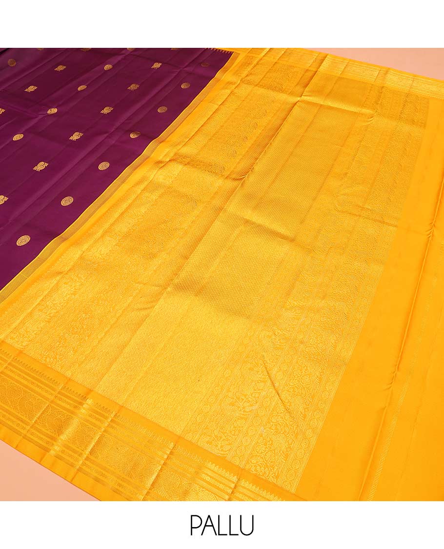 Purple peacock chakram buttas Bangalore silk saree, contrast temple traditional zari border, and pallu of traditional designs