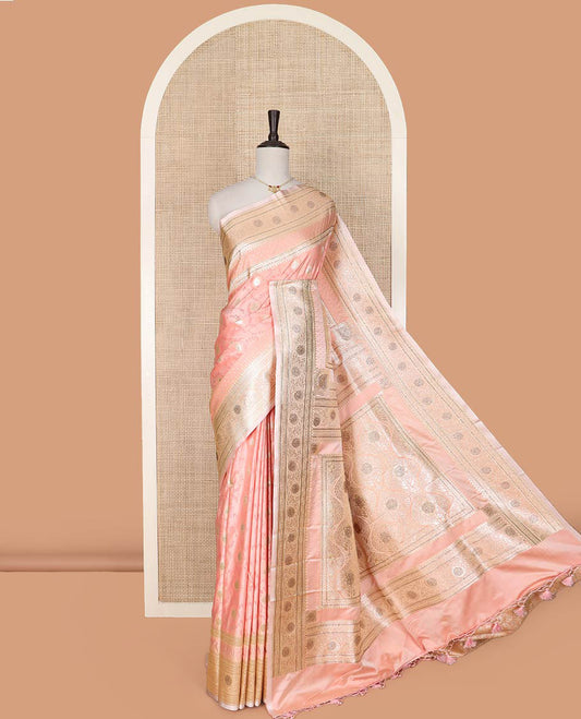 Peach jaal and zari buttas banarasi silk saree, traditional zari border of stone work, and pallu of intricate designs and stone work