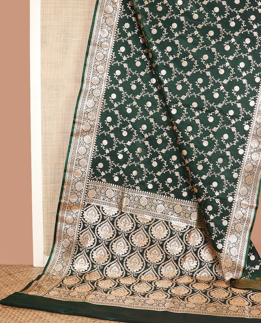 Green floral jaal jacquard banarasi silk saree, floral creeper design border, and intricately designed pallu