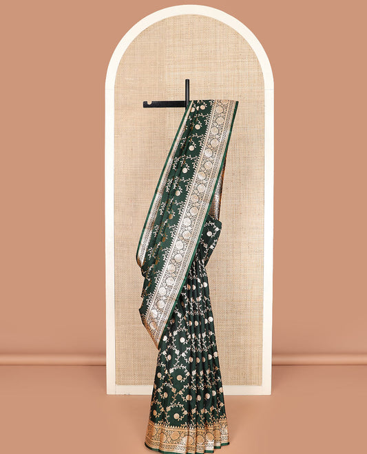 Green floral jaal jacquard banarasi silk saree, floral creeper design border, and intricately designed pallu