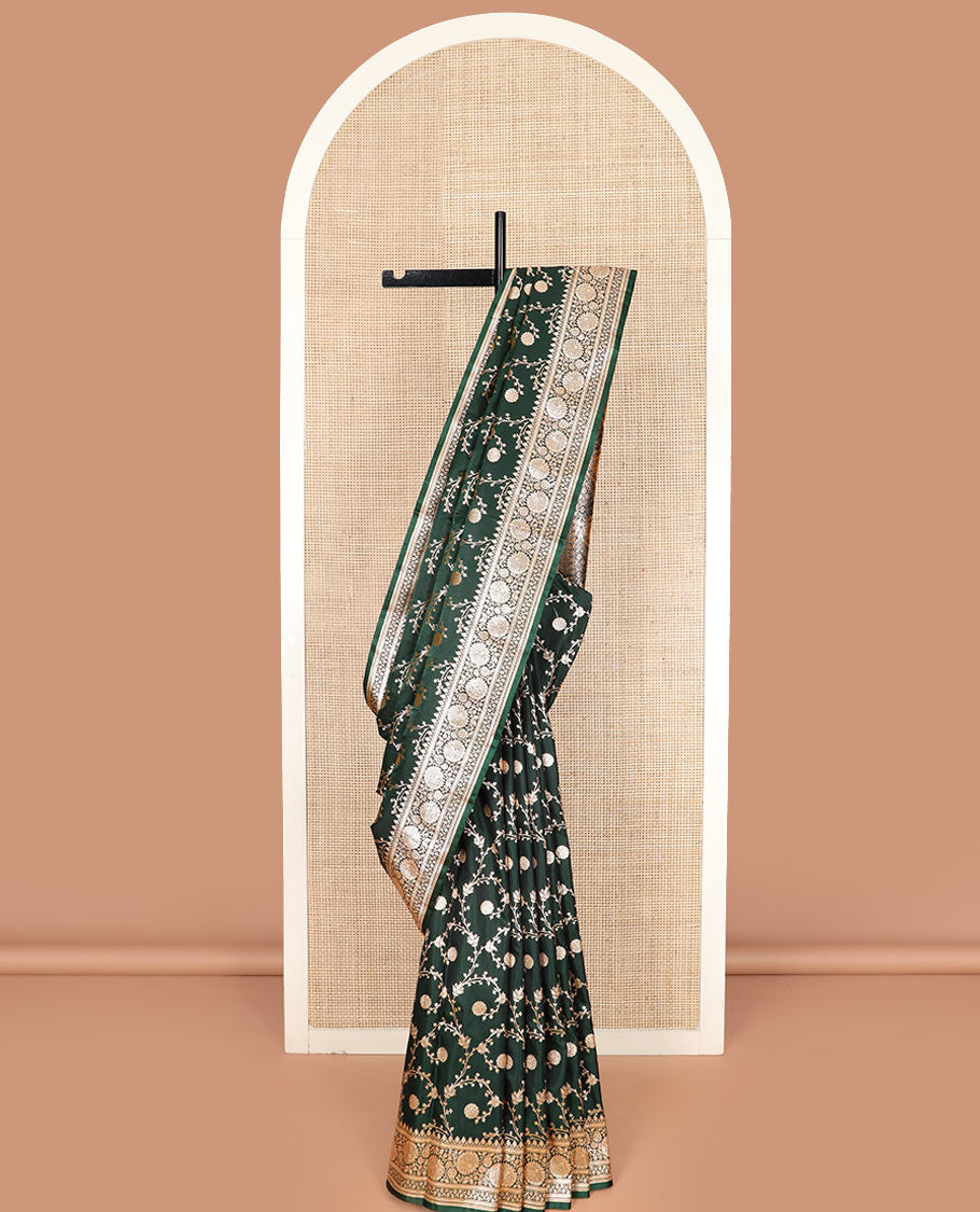 Green floral jaal jacquard banarasi silk saree, floral creeper design border, and intricately designed pallu