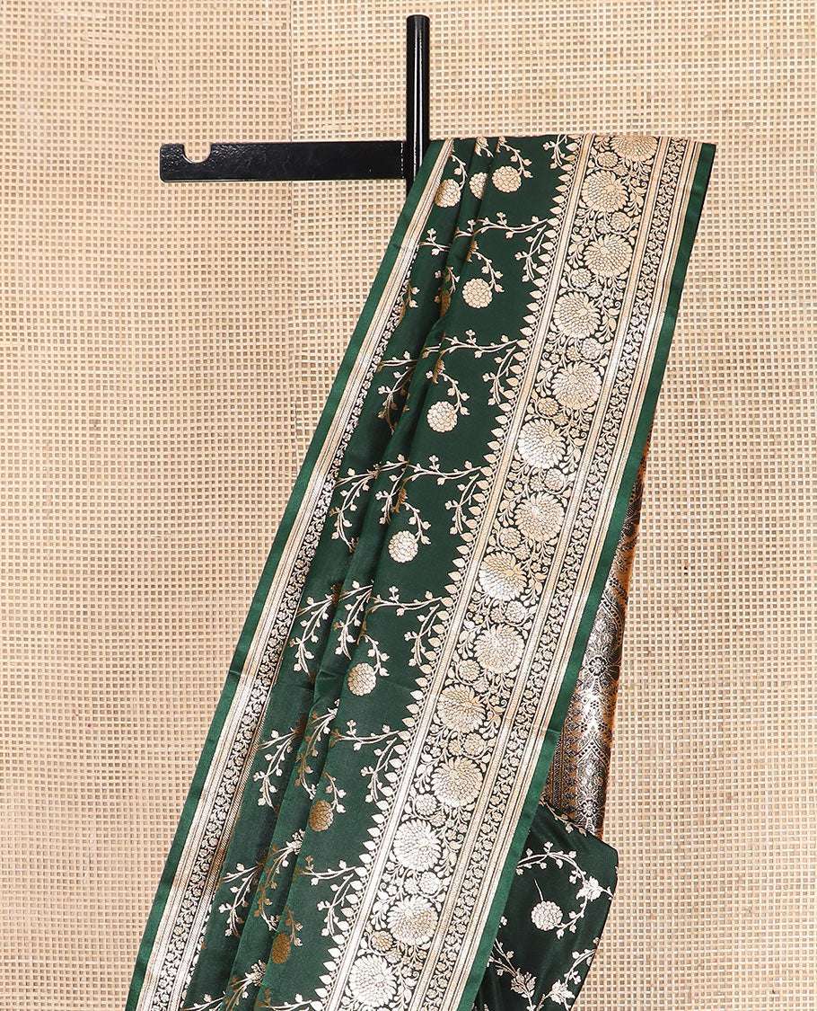 Green floral jaal jacquard banarasi silk saree, floral creeper design border, and intricately designed pallu