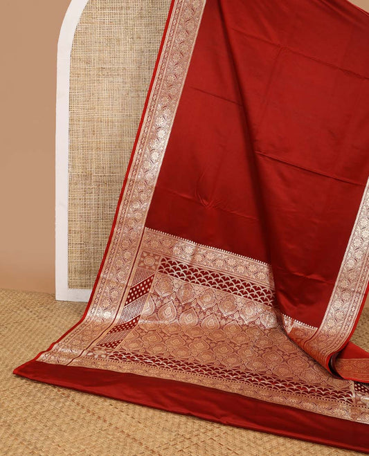 Red semi banaras nylon saree with self floral design border & floral ogee design pallu