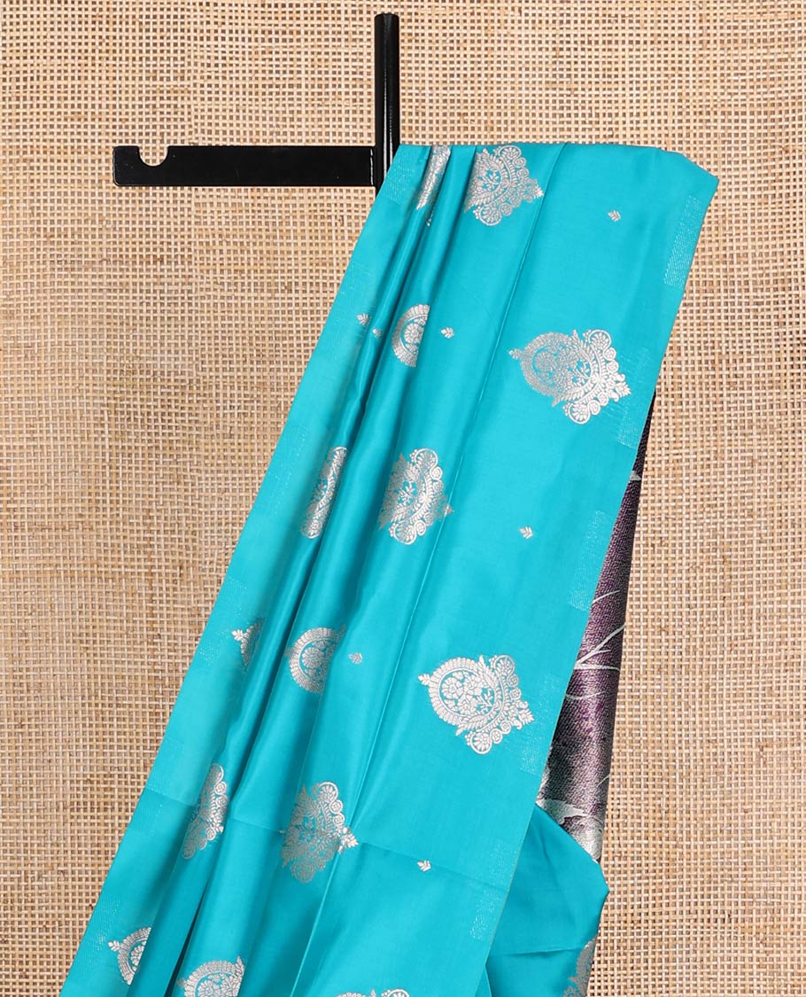 Borderless blue zari buttas butter silk saree, contrast rose floral design weave pallu