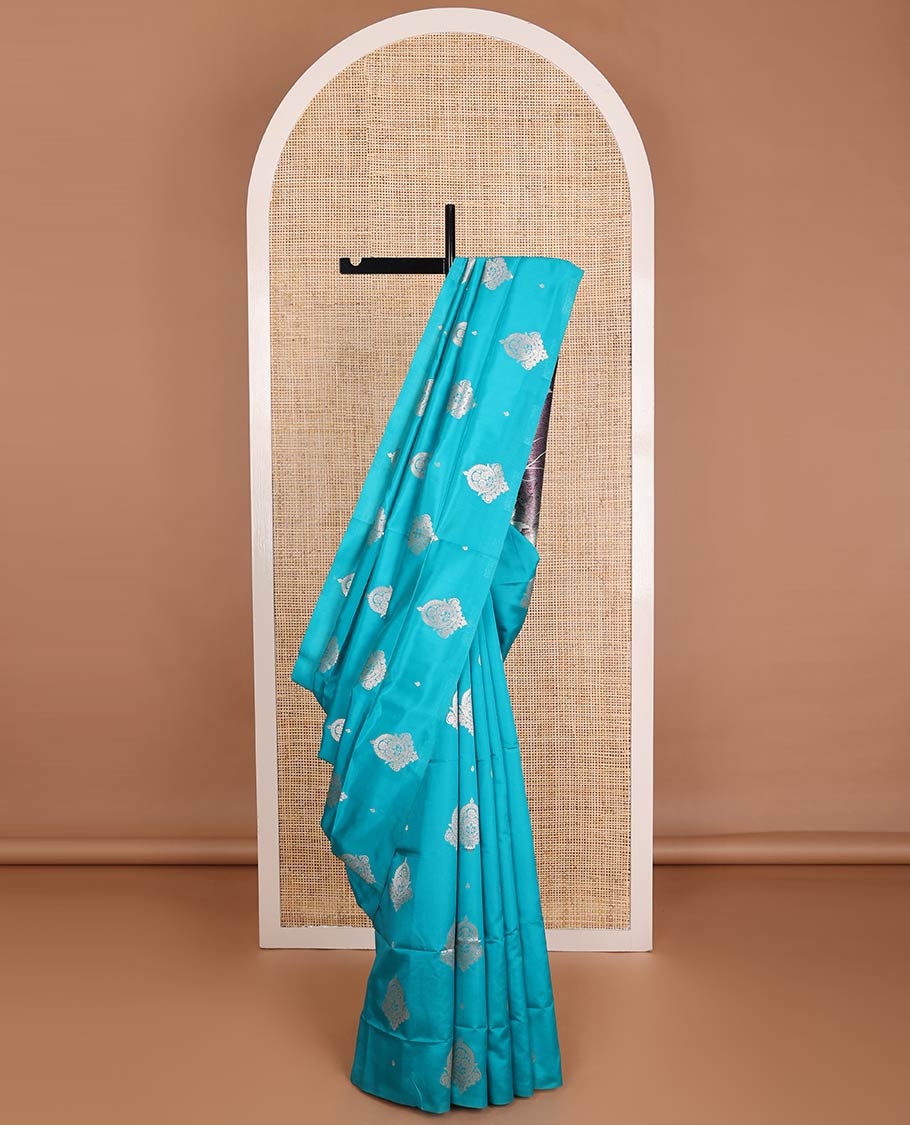 Borderless blue zari buttas butter silk saree, contrast rose floral design weave pallu