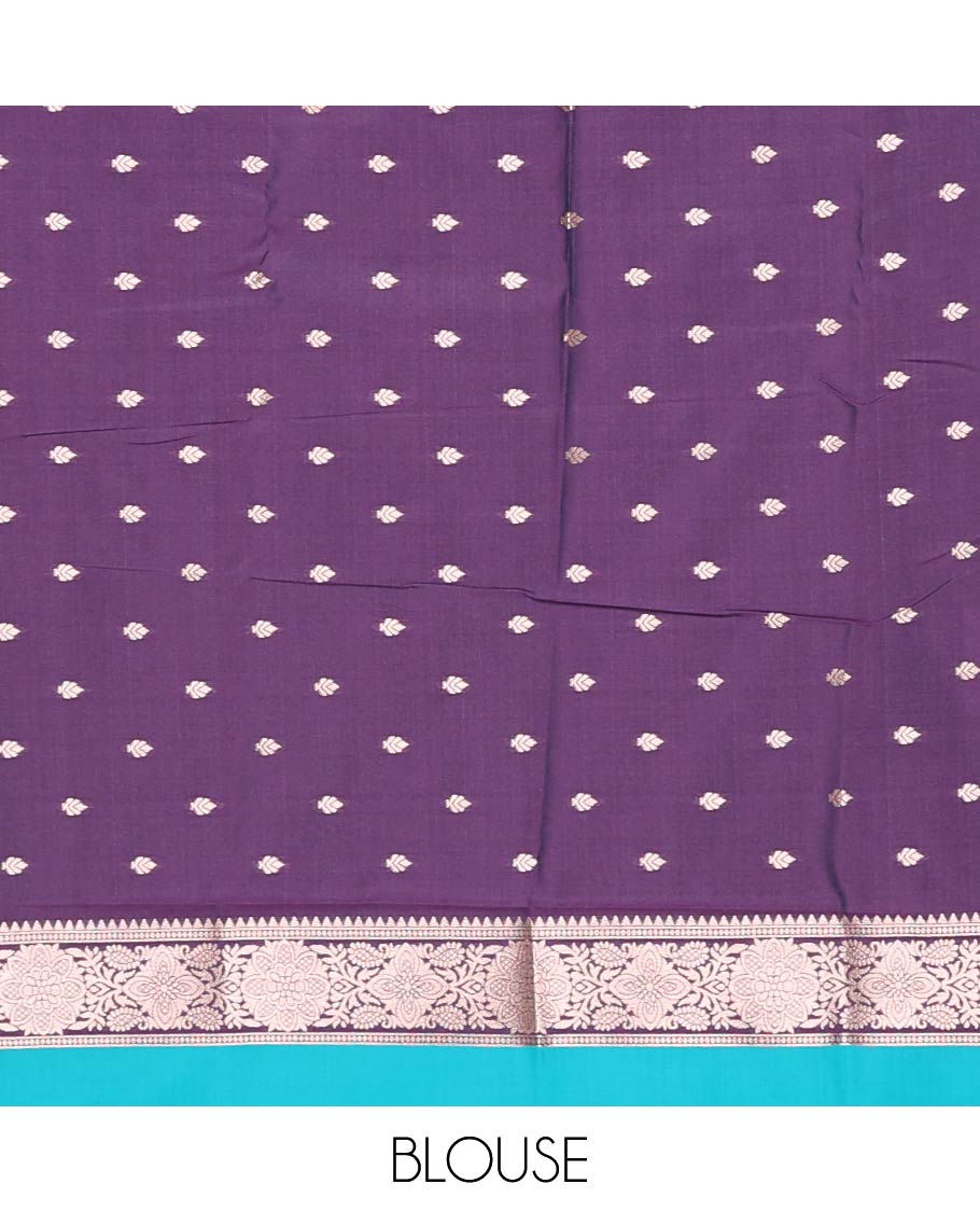 Borderless blue zari buttas butter silk saree, contrast rose floral design weave pallu