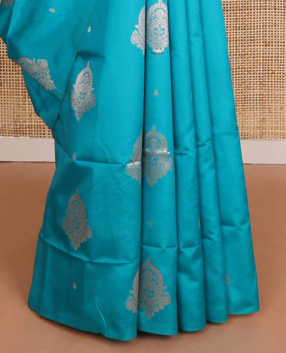 Borderless blue zari buttas butter silk saree, contrast rose floral design weave pallu