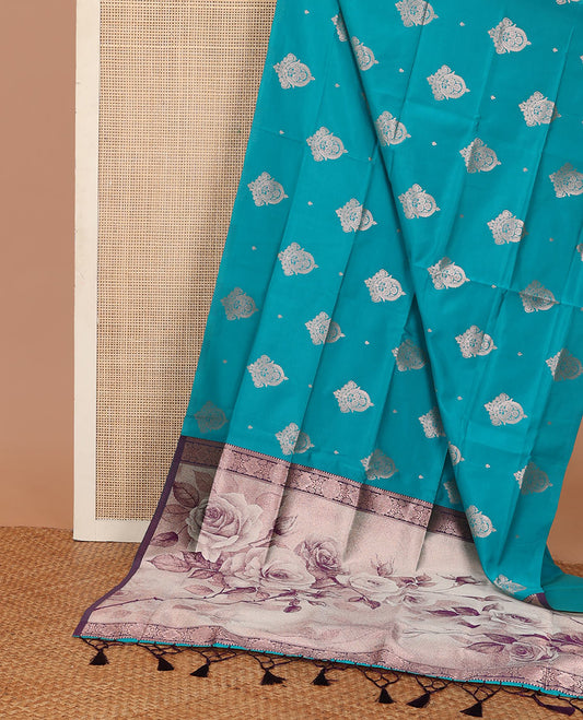 Borderless blue zari buttas butter silk saree, contrast rose floral design weave pallu