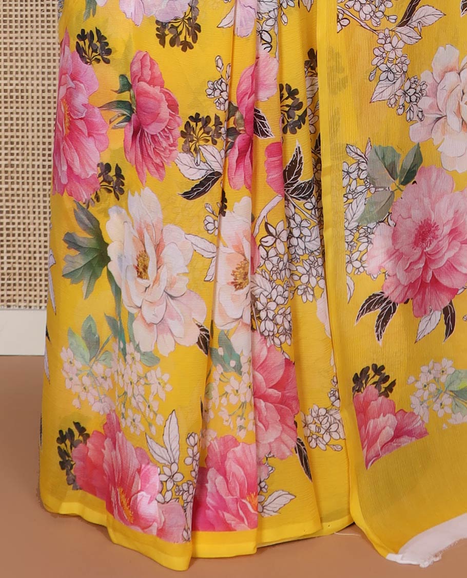 Borderless Yellow chiffon saree floral printed silk saree
