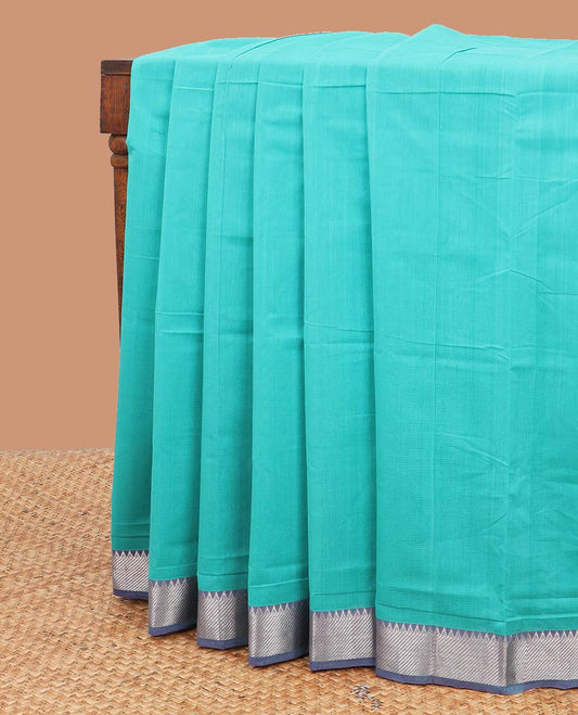 Turquoise striped mangalagiri cotton saree contrast temple border & striped pallu