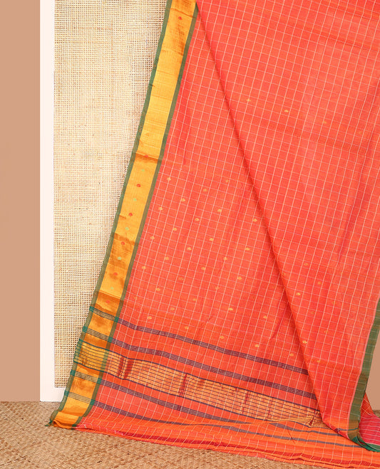 Orange Venkatagiri Cotton Saree, Adorned with Buttas and Checks on Its Body, Complemented by a Contrast Zari and Thread Border, Zari-Striped Pallu, and Comes Without a Blouse